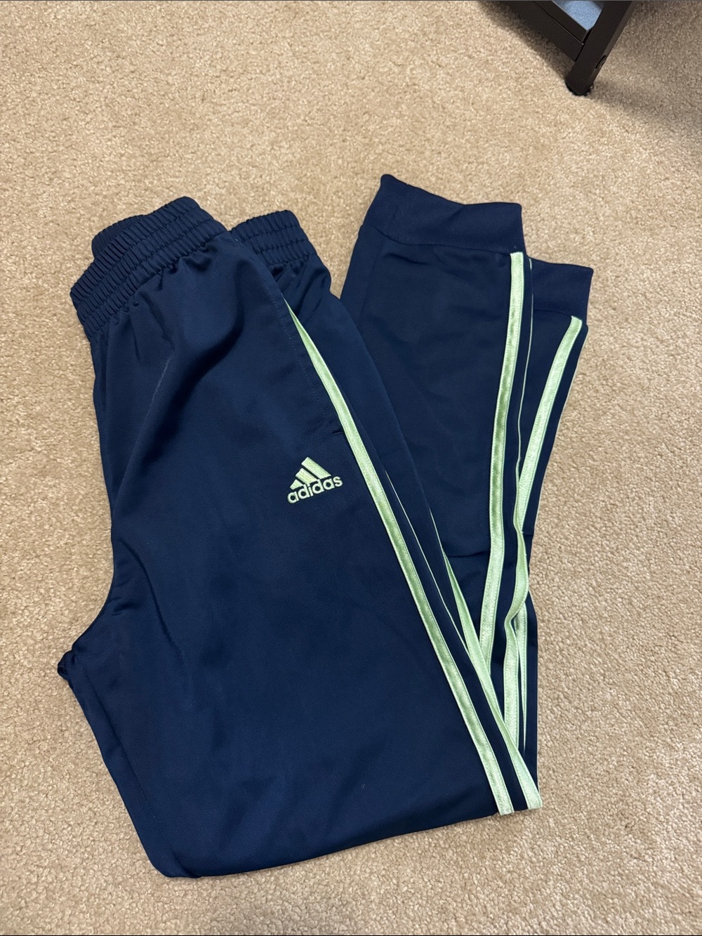 adidas Navy Joggers with Light Green Side Stripes